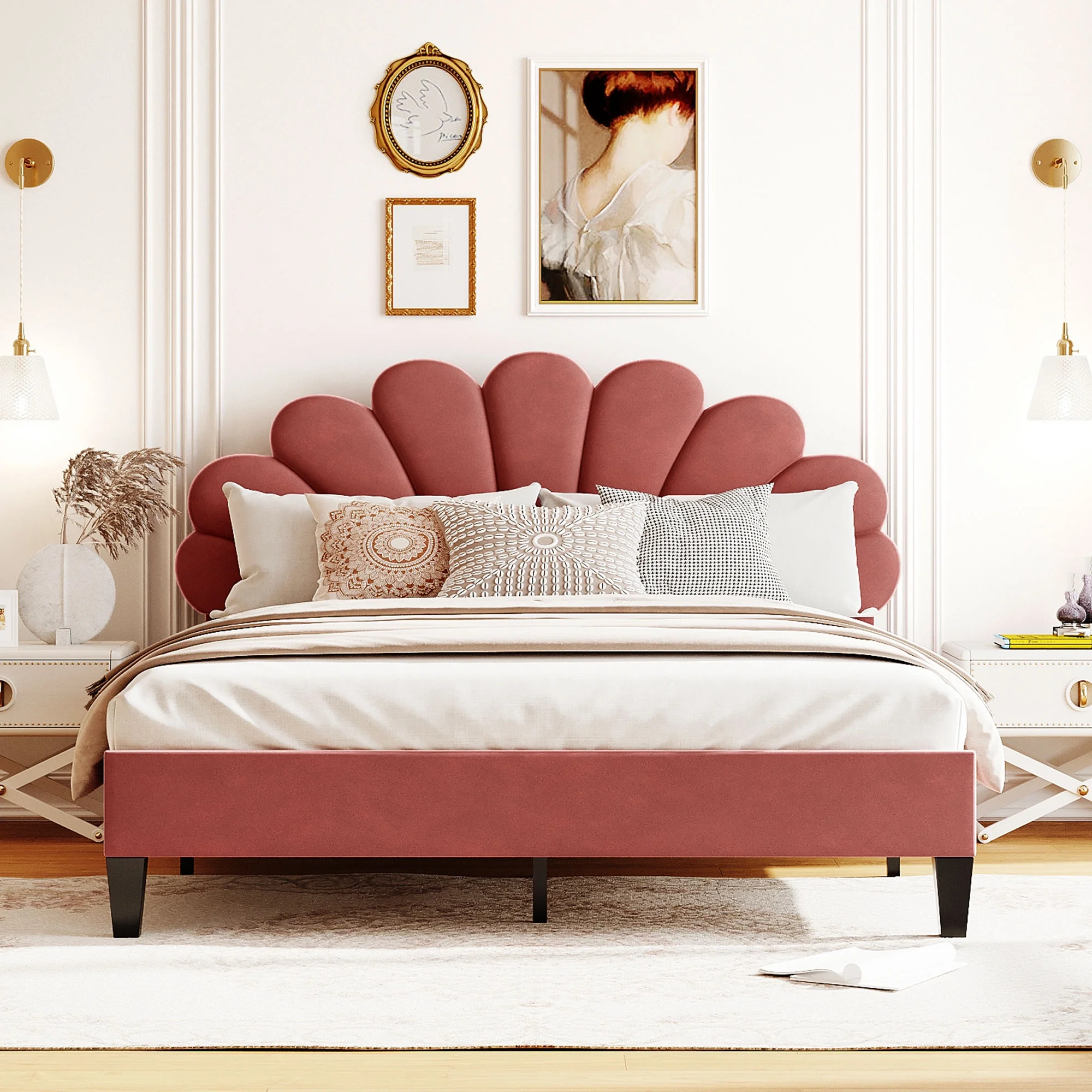 CITYLE Queen Size Upholstered Platform Bed with Flower Pattern Velvet Headboard, Queen Bed Frame for Kids and Adults, Bean Paste Red
