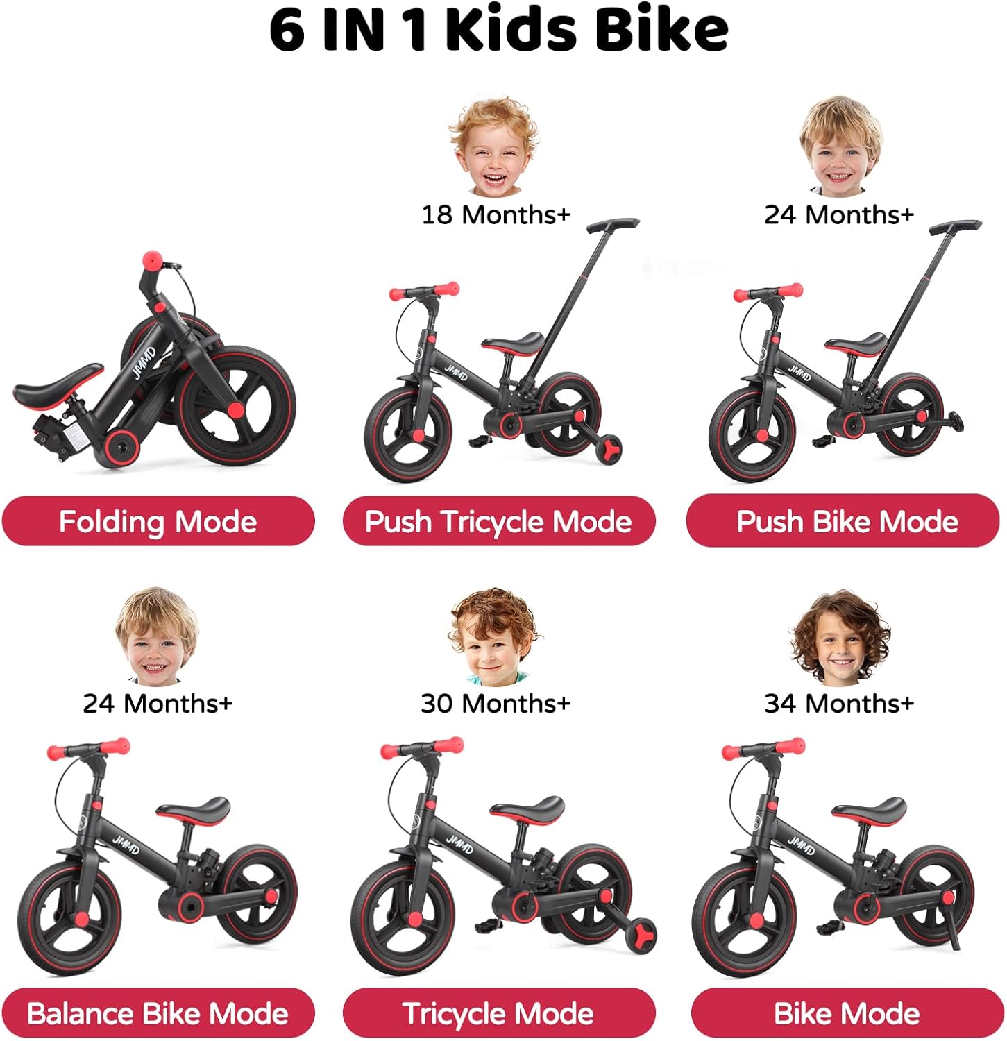 JMMD 6 in 1 Toddler Bike with Push Handle for Kids 18-60 Months, 12