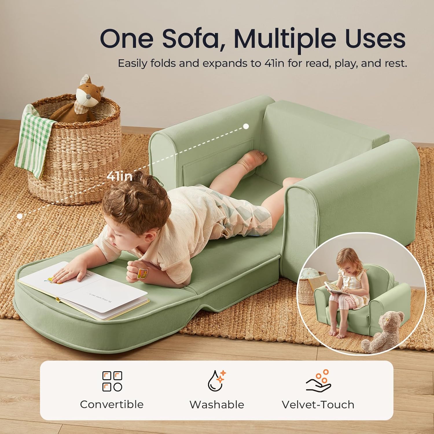 Tiny Land 2-in-1 Foldable Kids Couch with Pockets – Soft Thick Toddler Sofa, Lounger Couch, Convertible Kids Chair for Playroom, Bedroom or Living Room, Gift for Boys & Girls(Green)