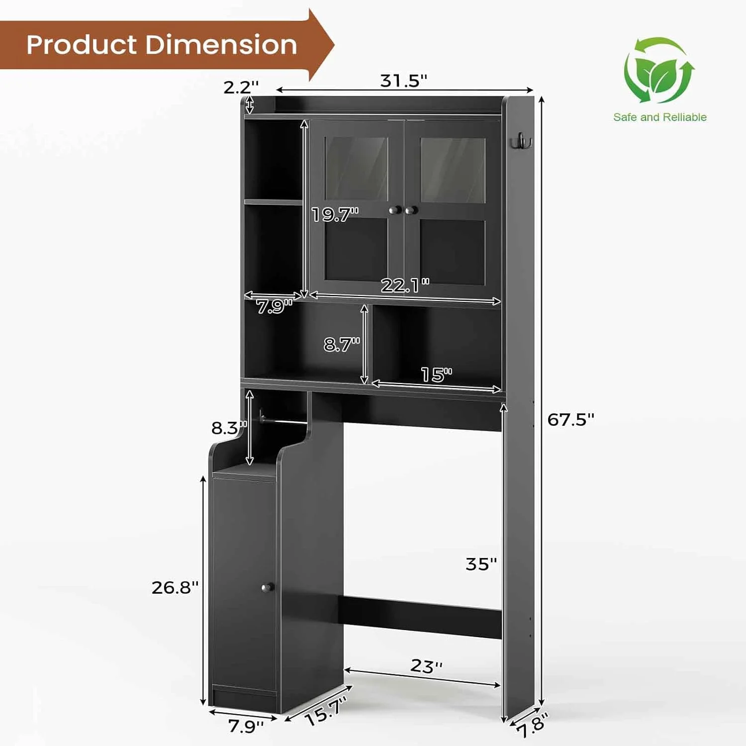 Over The Toilet Storage Cabinet with 3 Doors, Farmhouse Space Saver for Bathroom Organizer with Paper Holder, 10 Shelves and Hooks, 7-Tier Over Washing Machine Cabinet for Laundry, Bathroom, Natural - Image 29