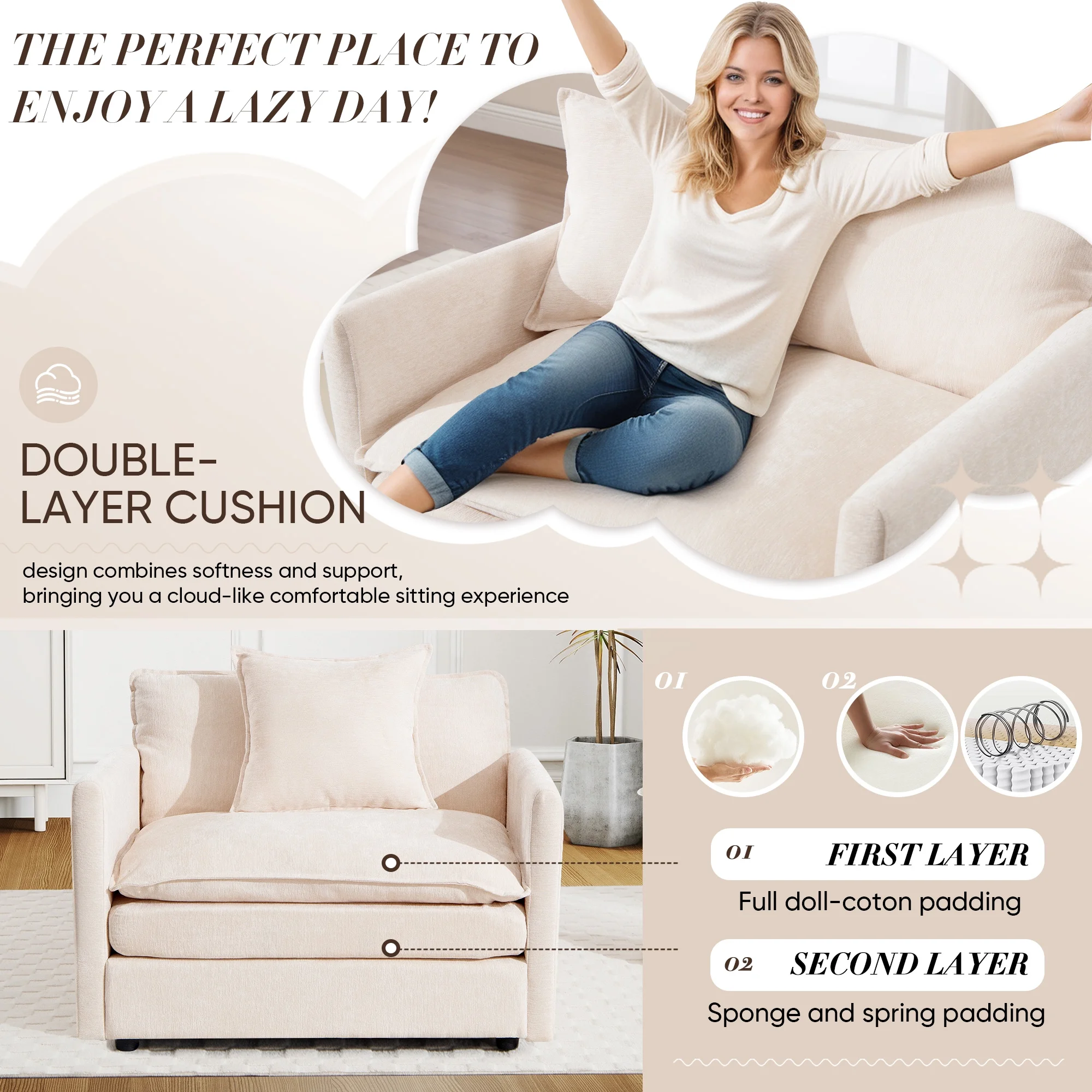Muumblus Oversized Lounge Chair with Ottoman, Cloud Accent Armchair for Living Room, Beige Chenille - Image 12