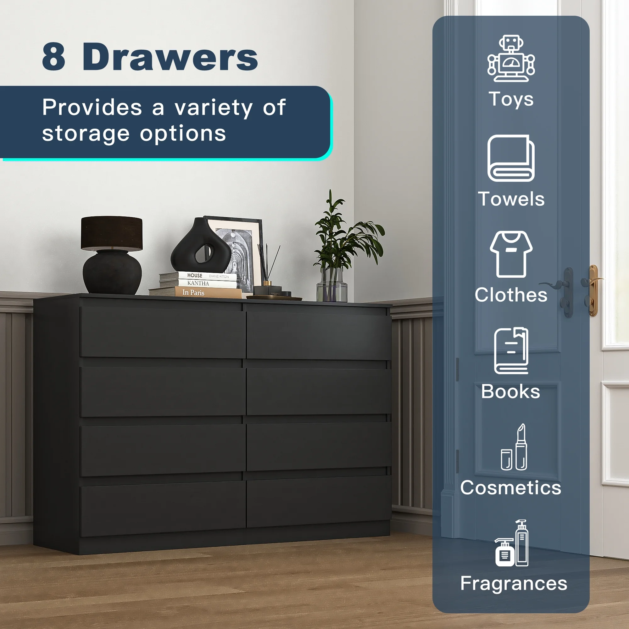 Kadyn White Chest of Drawer, 6 Double Drawer Dresser for Bedroom, Modern Storage Cabinet for Living Room, Dresser - Image 142