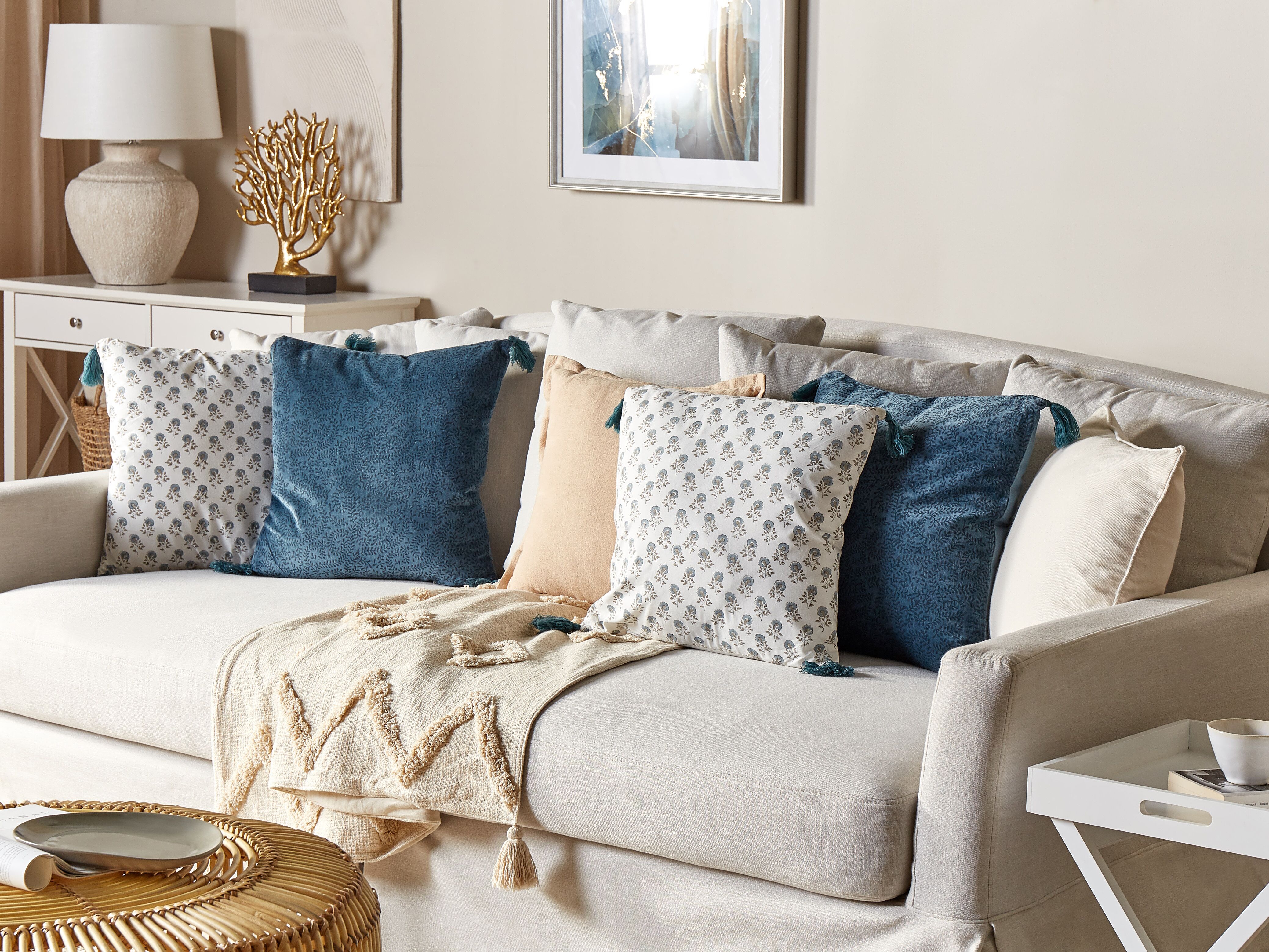 Set of 2 Decorative Cushions CORNUS Cotton 45 x 45 cm Blue Floral Pattern