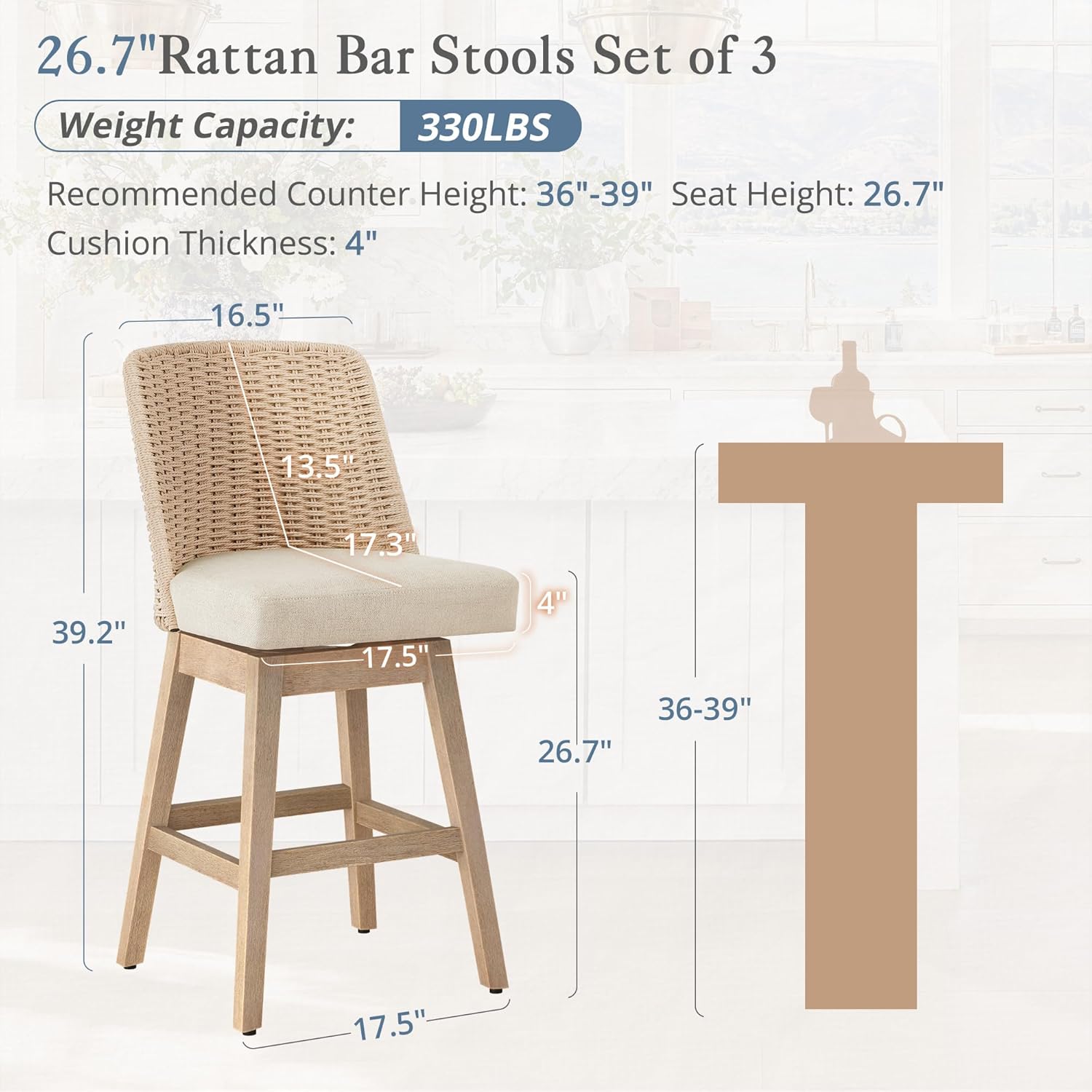LUE BONA Rattan Bar Stools Set of 3, 27” Swivel Wooden Bars Stools with Thick Linen Seat, Handwoven Back & Wooden Leg, Counter Height for Kitchen Island, Apricot