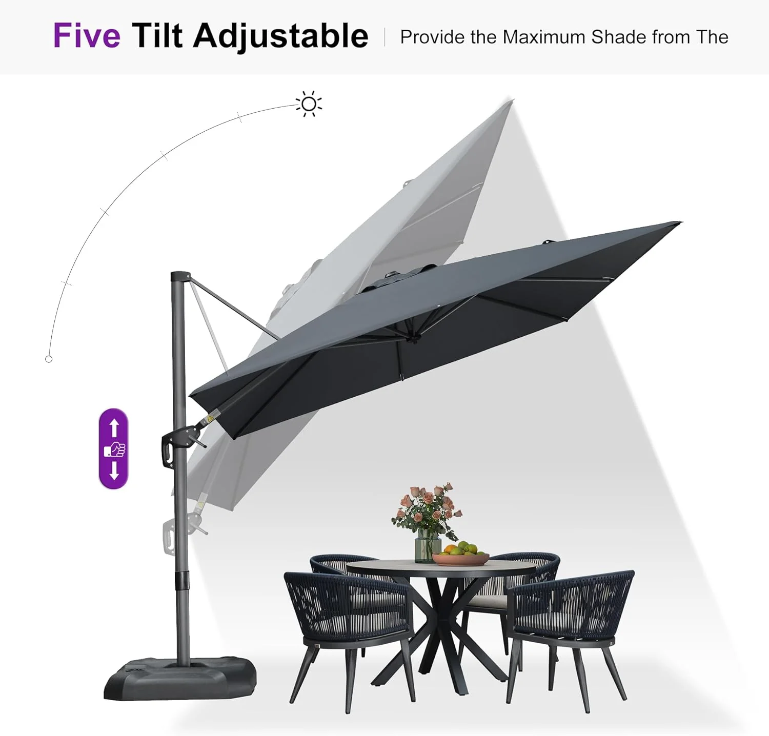 PURPLE LEAF 9 Feet Square Patio Cantilever Umbrella, Light Grey - Image 6 PURPLE LEAF 9 Feet Square Patio Cantilever Umbrella, Light Grey - Image 6