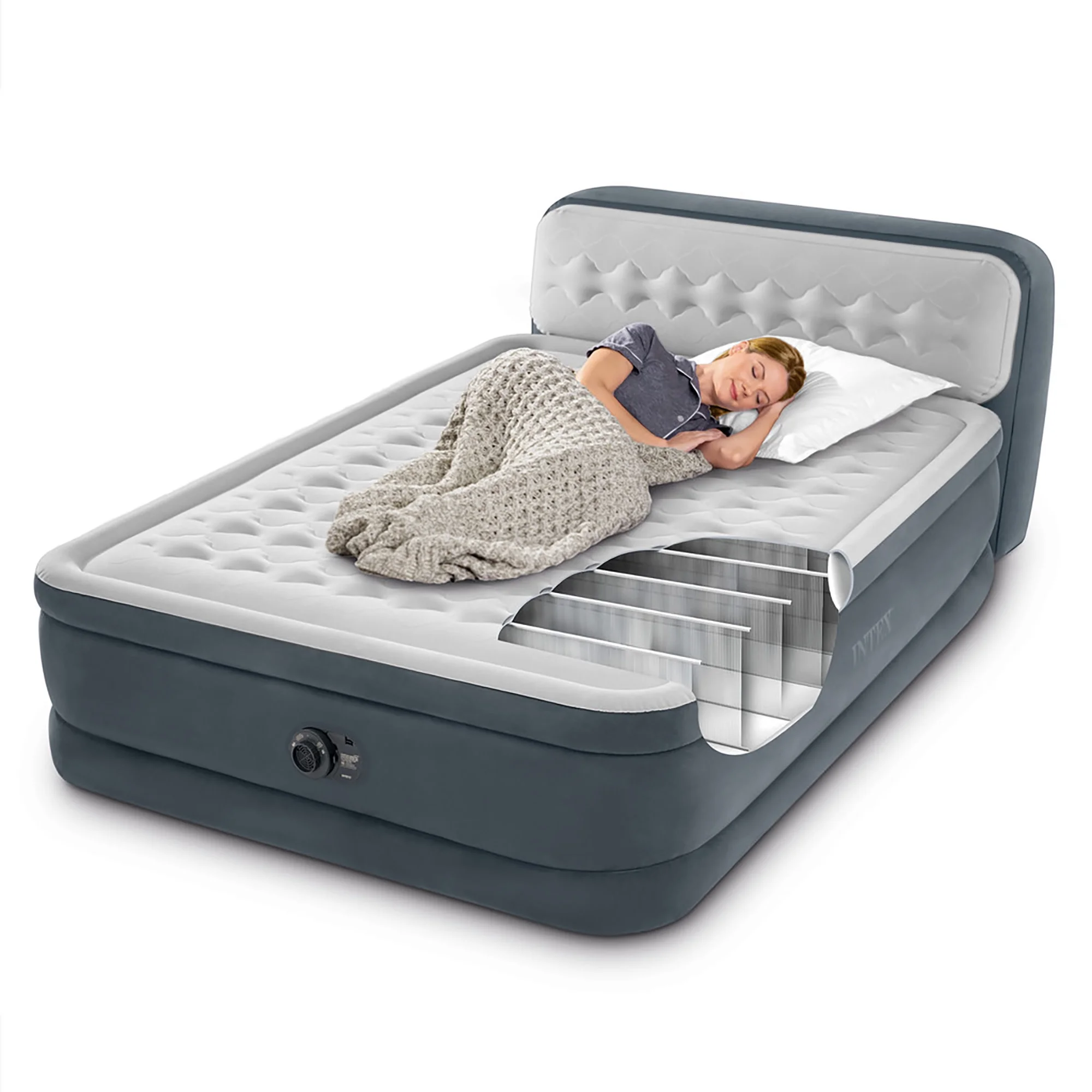 Intex: Dura-Beam Deluxe: Ultra Plush Headboard Airbed - Queen - Gray, 18" Inflatable Mattress, Built-In Pump, Fiber-Tech, Carry Bag, 600lb Cap 64447ED - Image 8