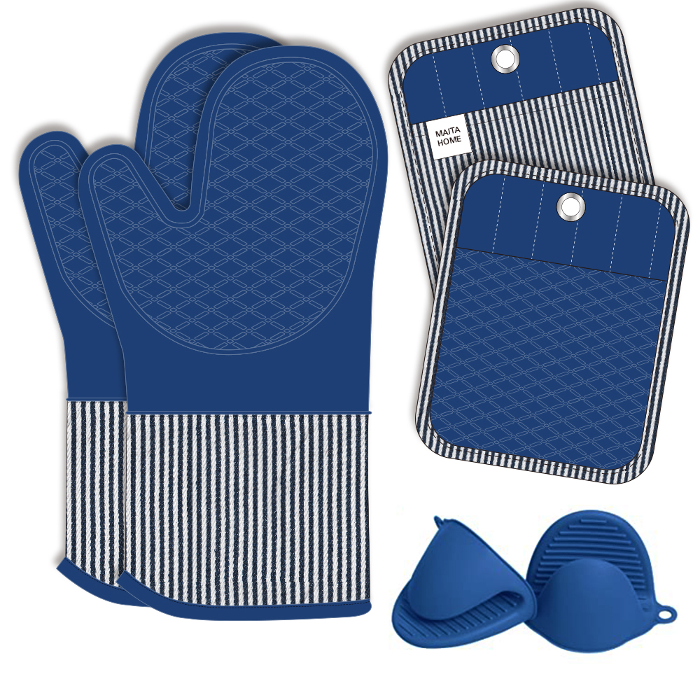Blue Silicone Cotton Stripe Oven Mitt Pot Holder Set Kitchen Baking Cooking Heat Resistant Chef Oven Glove Set