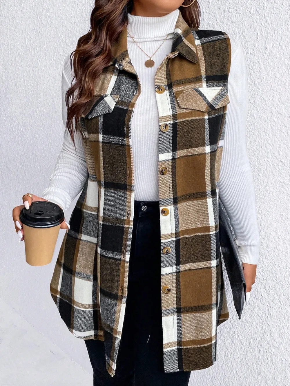 Honey Plus Size Pocketed Plaid Button Up Vest Coat - ZKZOOK