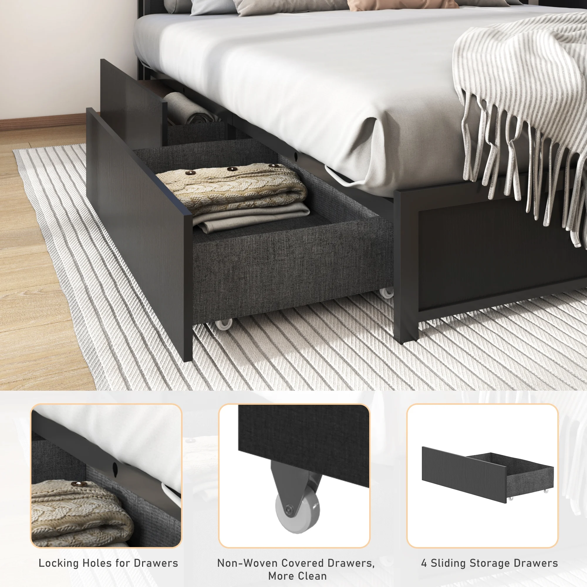 LED Full Bed Frame with Storage Headboard & 4 Drawers, Industrial Metal Platform Bed with Power Charging Station & USB Ports - Image 13