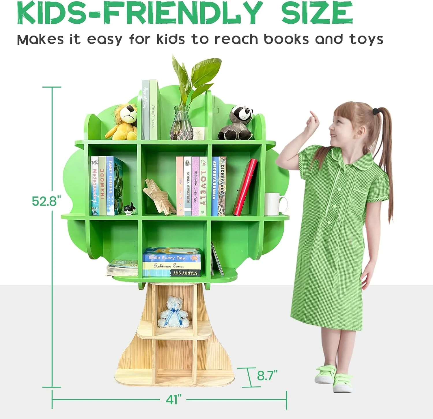 Kids Bookshelf - 5 Tier Kids Bookcase, Green Bookshelf for Children and Toddlers, Wooden Bookshelf for Classroom, Playroom, Bedroom, Nursery