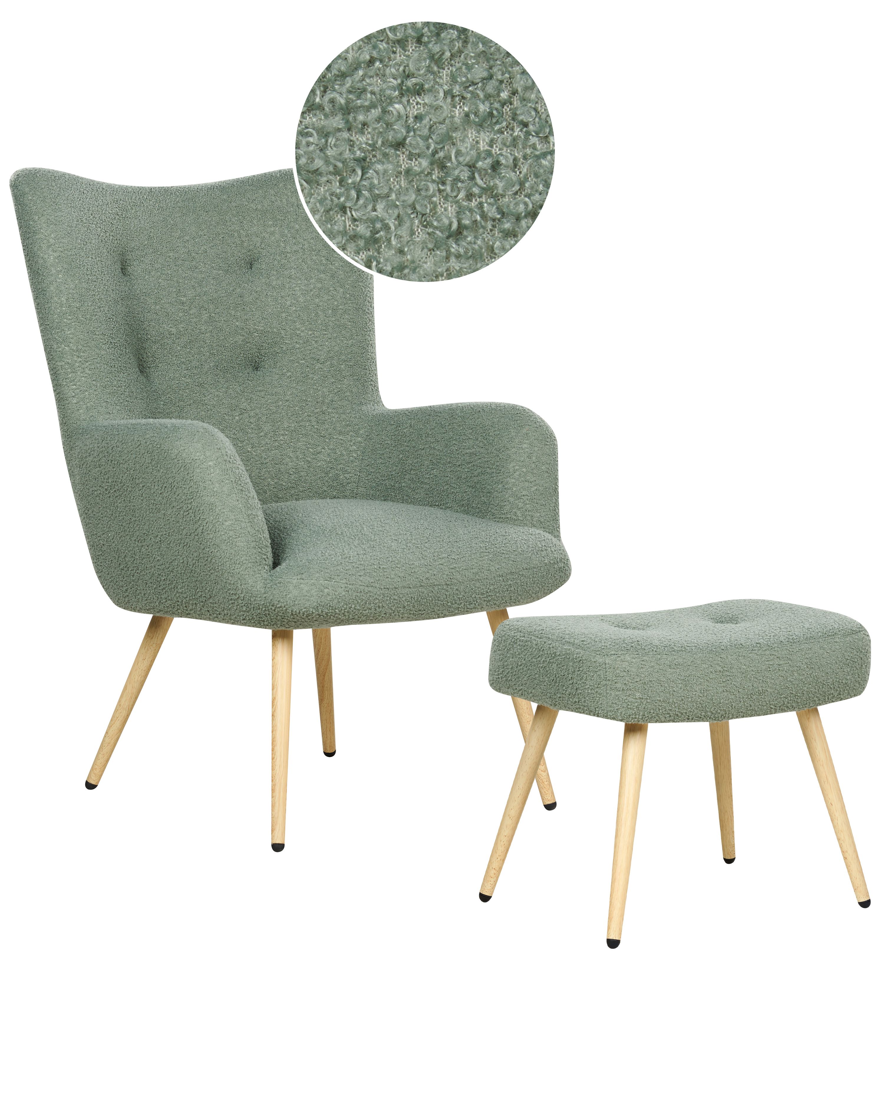 Wingback Chair VEJLE with Footstool Boucle Light Green