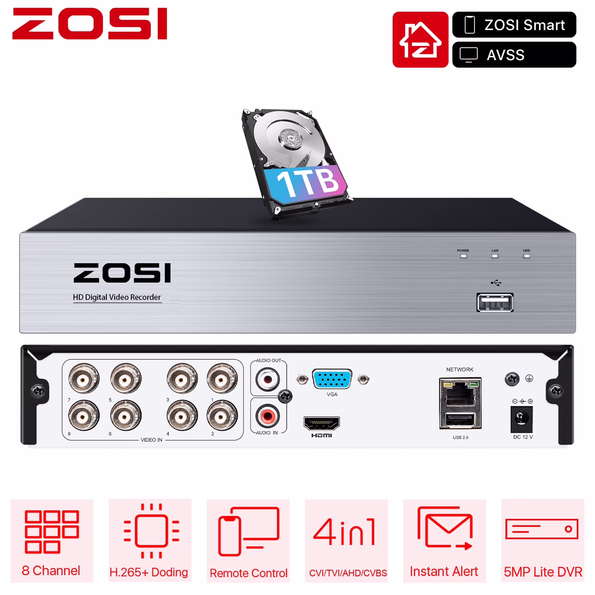 ZOSI H.265+ 8CH 5MP Lite CCTV 4-in-1 DVR for CCTV Security Security Camera System with 2TB HDD Home Outdoor - Image 3