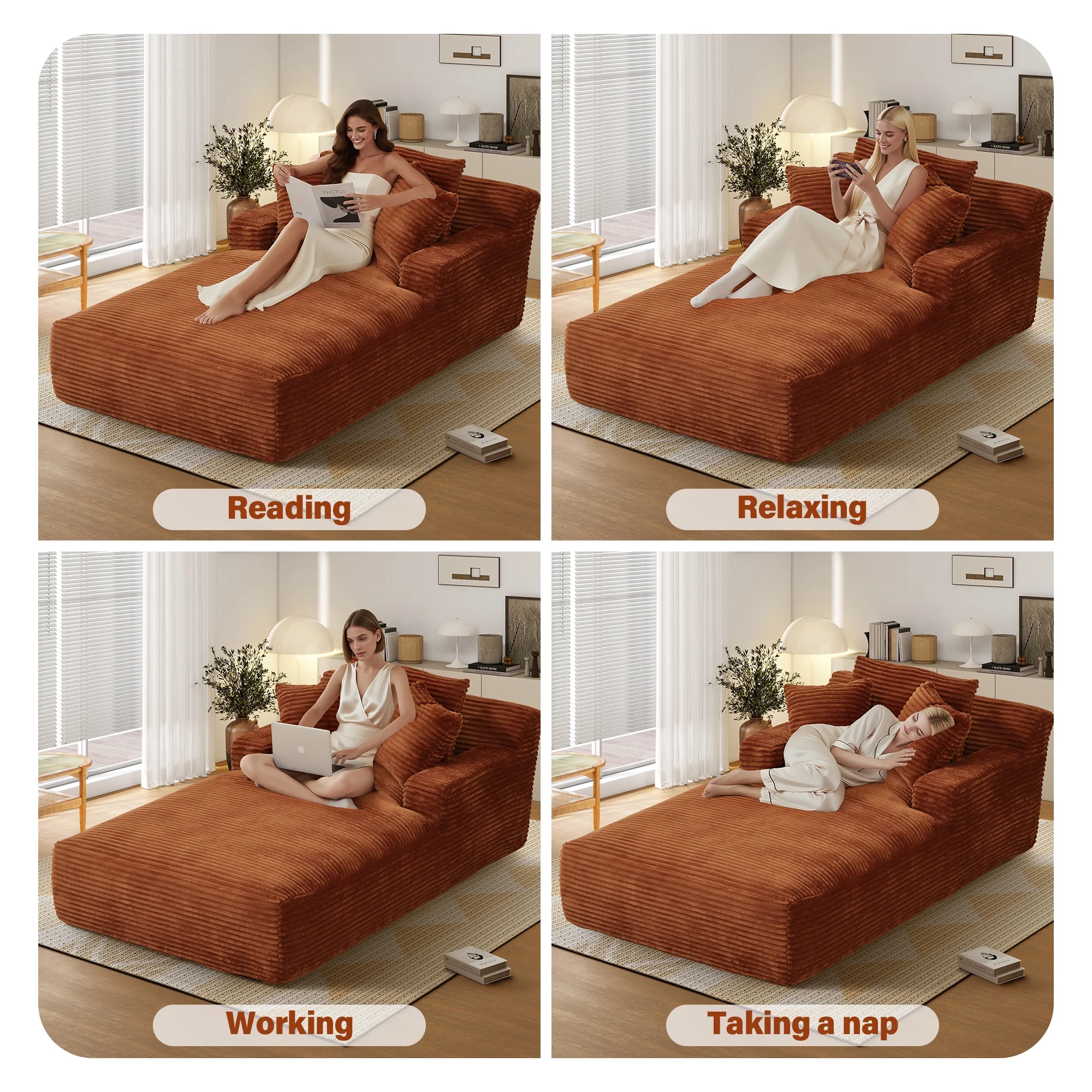 Aukfa 78.7" Extra Long Chaise Lounge Sofa, Oversized Upholstered Couch with 3 Pillows for Indoor Living Room/Bedroom,Orange - Image 12