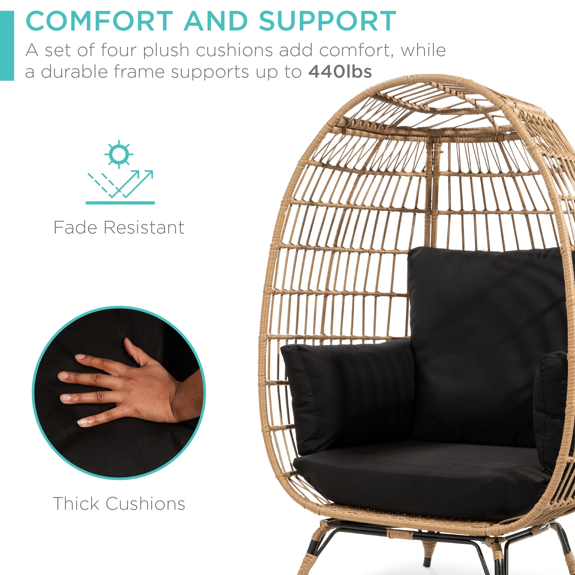 Best Choice Products Wicker Egg Chair Oversized Indoor Outdoor Patio Lounger w/ Steel Frame, 440lb Capacity - Black - Image 8