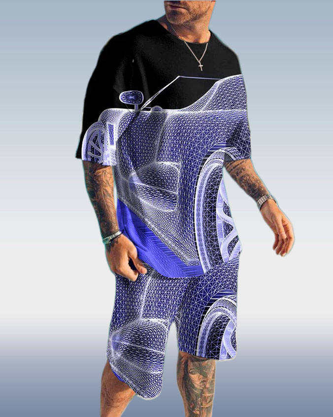 Men's Fashion 3D Printing Short Sleeve Two-Piece Suit 3 Colors
