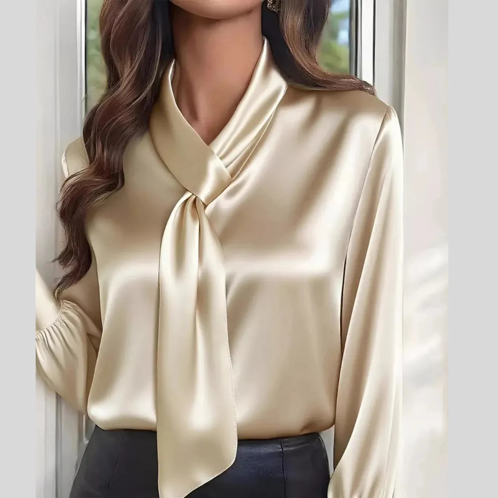 Satin Tie-Neck Long Sleeve Blouse - ZKZOOK