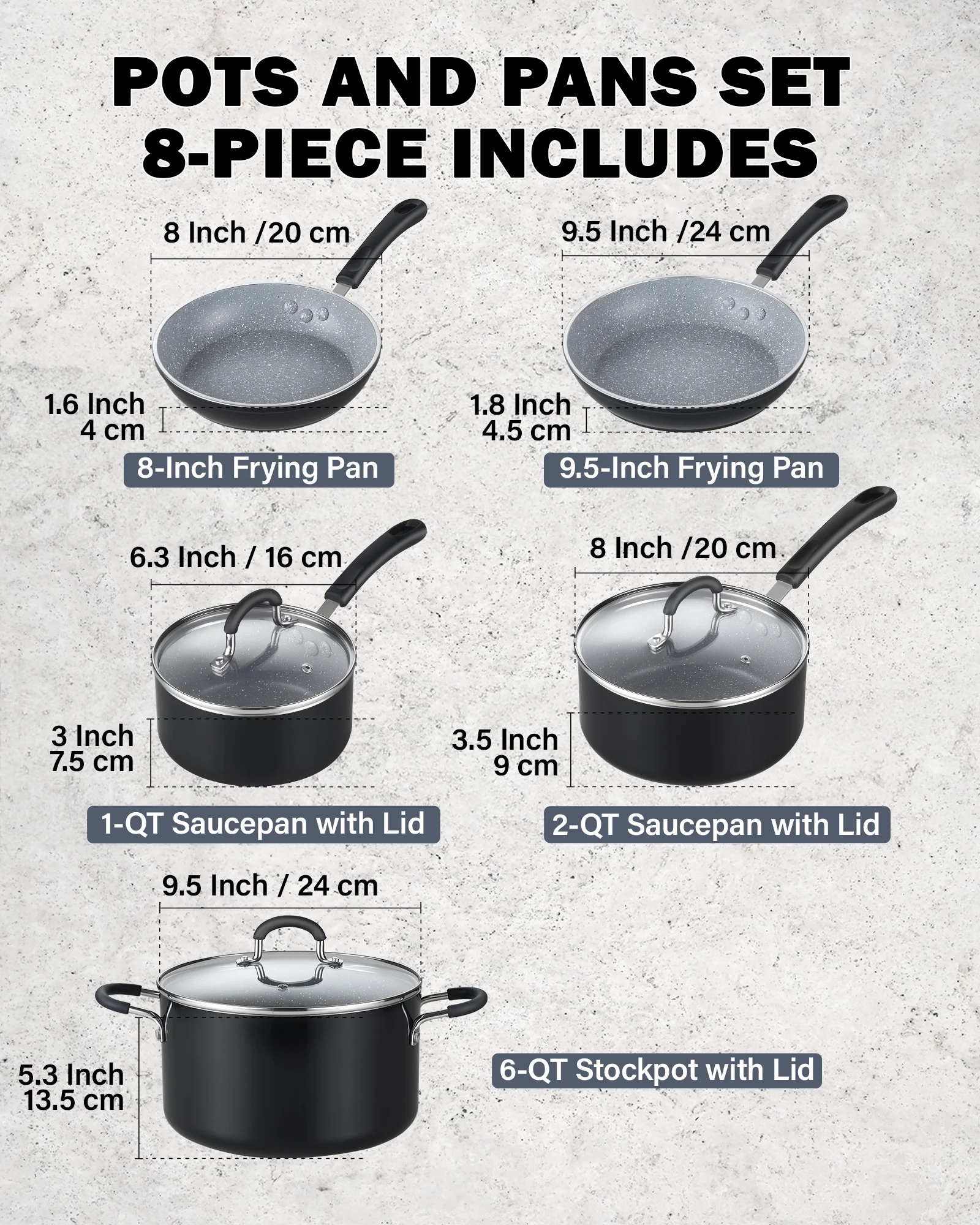 Cook N Home 8-Piece Nonstick Cookware Set, Heavy Gauge Pots and Pans Set, Kitchen Induction Cooking Pots with Silicone Handles, Mable