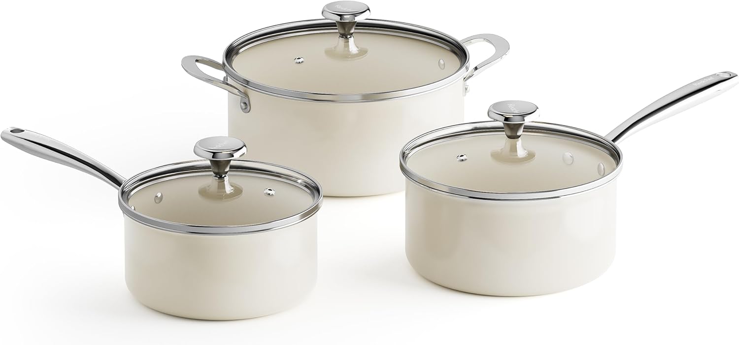 Redchef Cooking Pot Set Induction 5Qt, Saucepan Set 2.5/3.5Qt Nonstick Ceramic Cookware Set, Compatible All Cooktops, Even Heat, Stay-Cool Handles, Oven/Dishwasher Safe, PTFE PFAS Free (Beige)