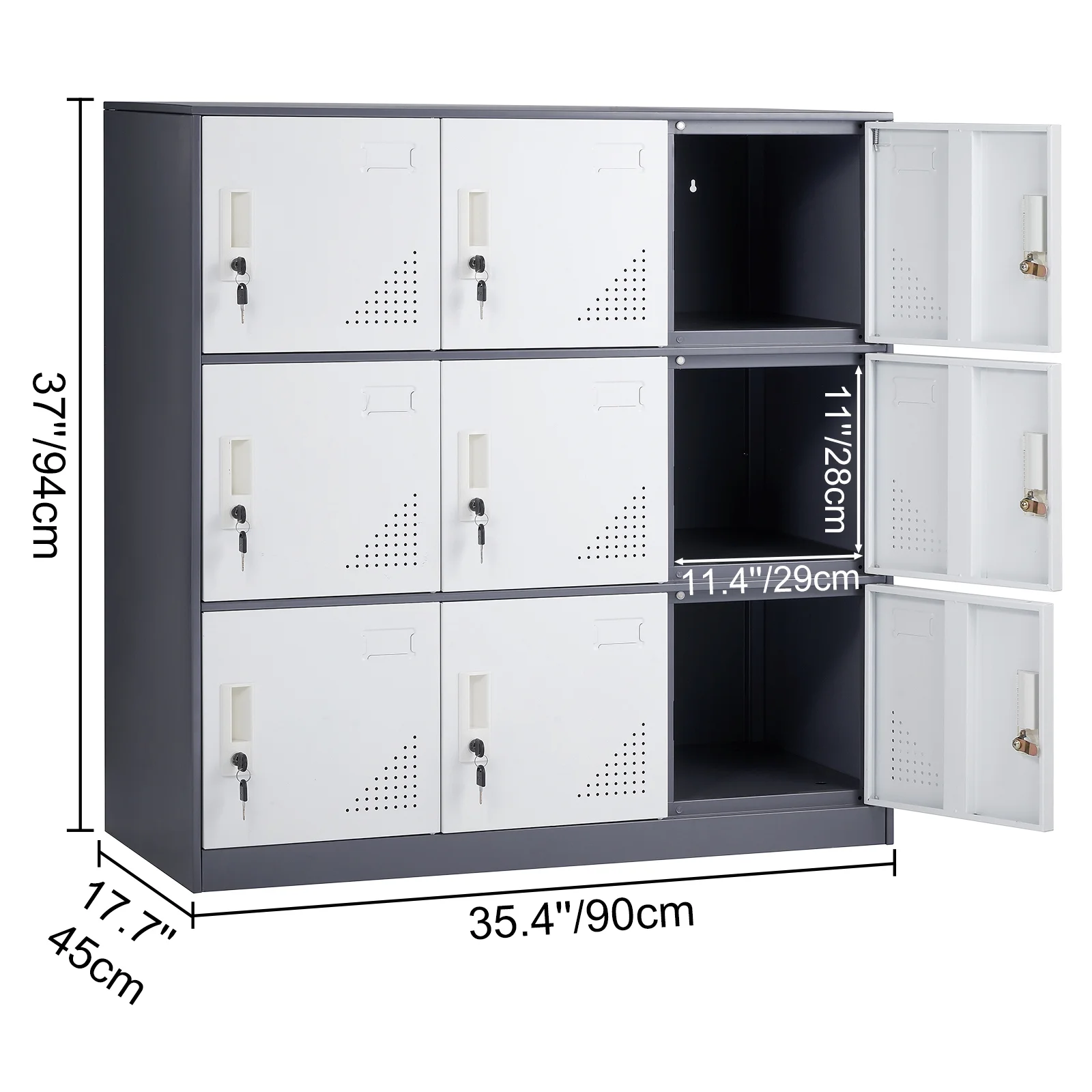 KFFKFF Steel Storage Unit for Staff, 9-Compartment Cabinet with Name Card Holder, Grey, Keyed Locks, 66lbs Capacity for Work, Gym
