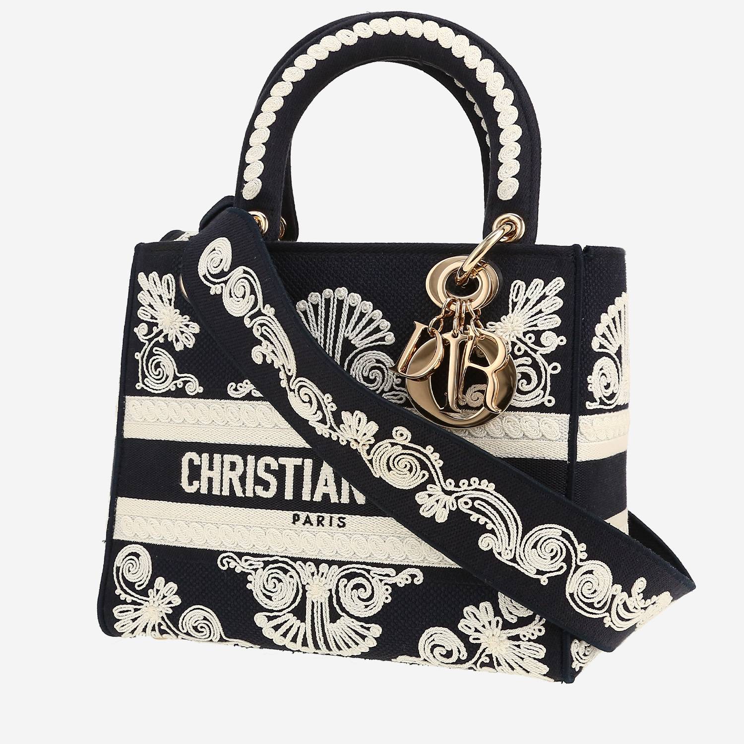 Dior Lady Dior handbag in navy blue and white canvas
