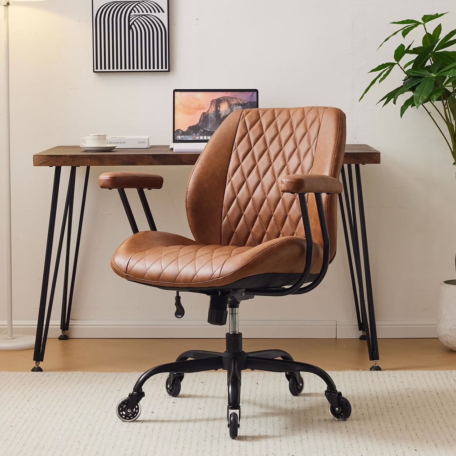 QW Home Office Desk Chair Office Rubber Casters Ergonomic Computer Chair with Lumbar Support Adjustable Height Rolling Swivel Executive Task Armrests Chair??? Brown Leather