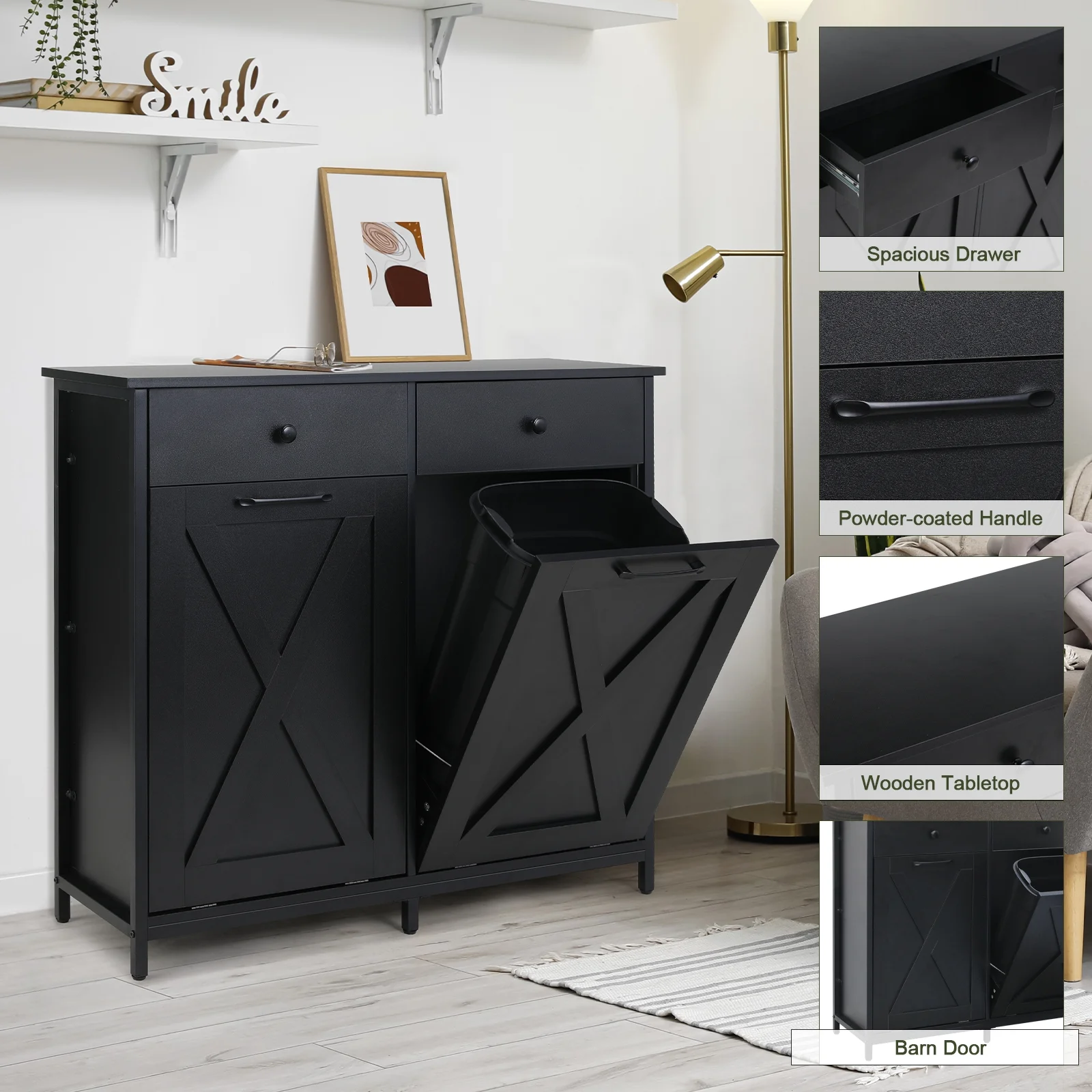 Pirecart 20 Gallon Double Tilt Out Trash Cabinet Wood Hidden Storage Cabinet, Recycling Cabinet with 2 Drawers, Black - Image 8