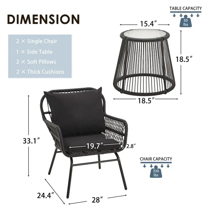 3-Piece Outdoor Rattan Bistro Set With Glass-Top Table, Wide-Arm Chairs And Seat Cushions - Image 7 3-Piece Outdoor Rattan Bistro Set With Glass-Top Table, Wide-Arm Chairs And Seat Cushions - Image 7