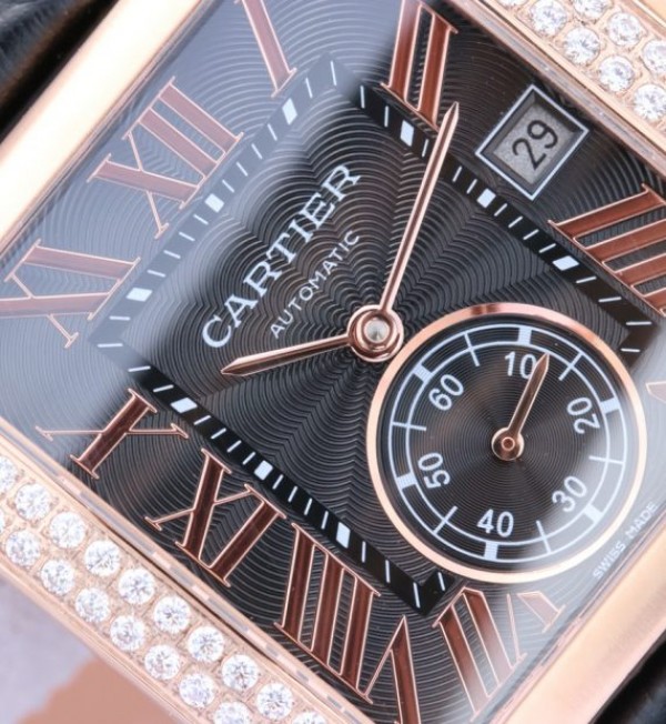 Replica Cartier Tank MC RG Black Textured Dial Diamonds Bezel Leather Strap - Elite Watch Atelier