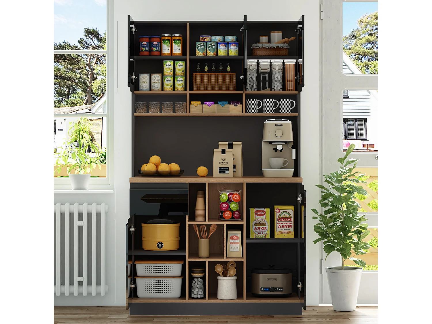 Buffet de cuisine 105x48x185cm avec 5 portes, 1 tiroir et niches, noir et naturel