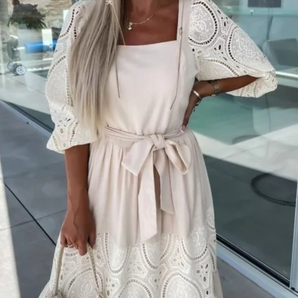 Lace Sleeve Belted Tiered Ruffled Maxi Dress - ZKZOOK