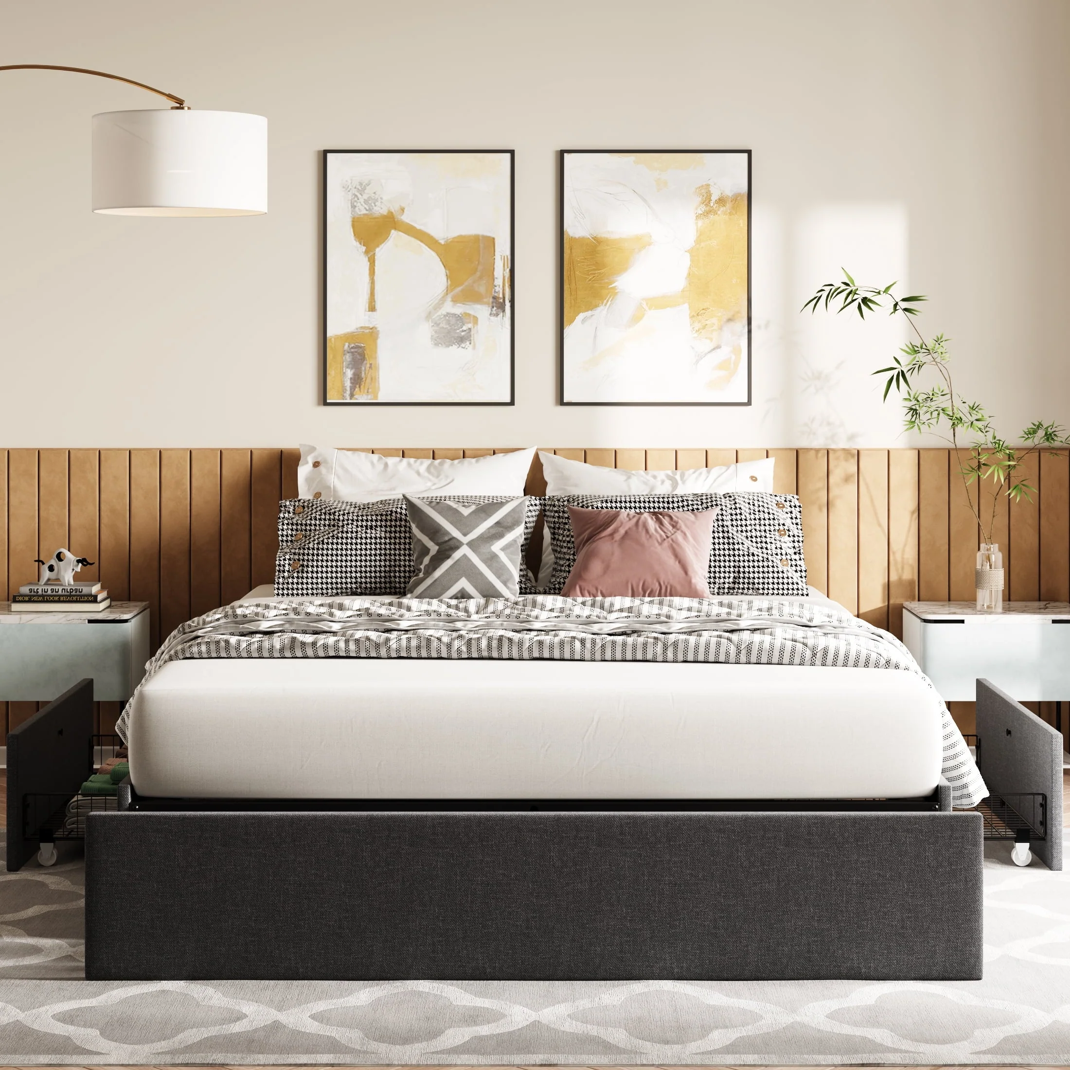 Amolife Queen Size Upholstered Platform Bed Frame with 3 Storage Drawers and Wooden Slats, Dark Grey