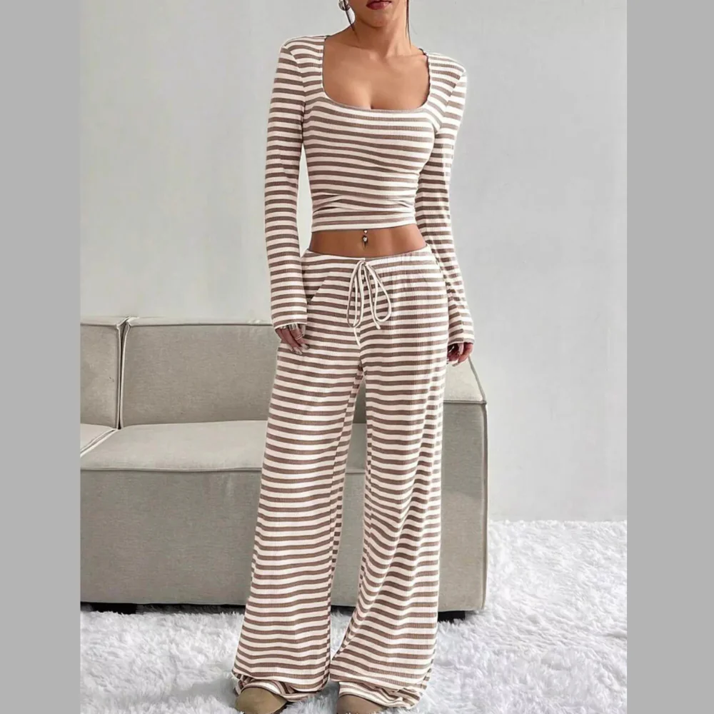 Striped Long Sleeve Crop Top & Wide Leg Pants Set - ZKZOOK
