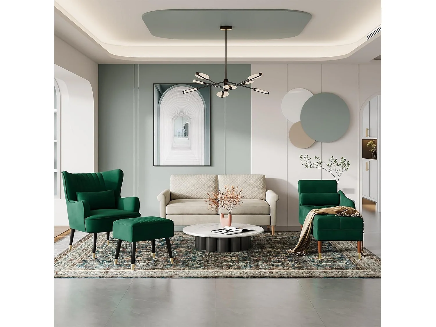 Chaise longue en velours, fauteuil relax avec accoudoirs et coussin lombaire cylindrique pour salon, appartement, petit espace - Vert