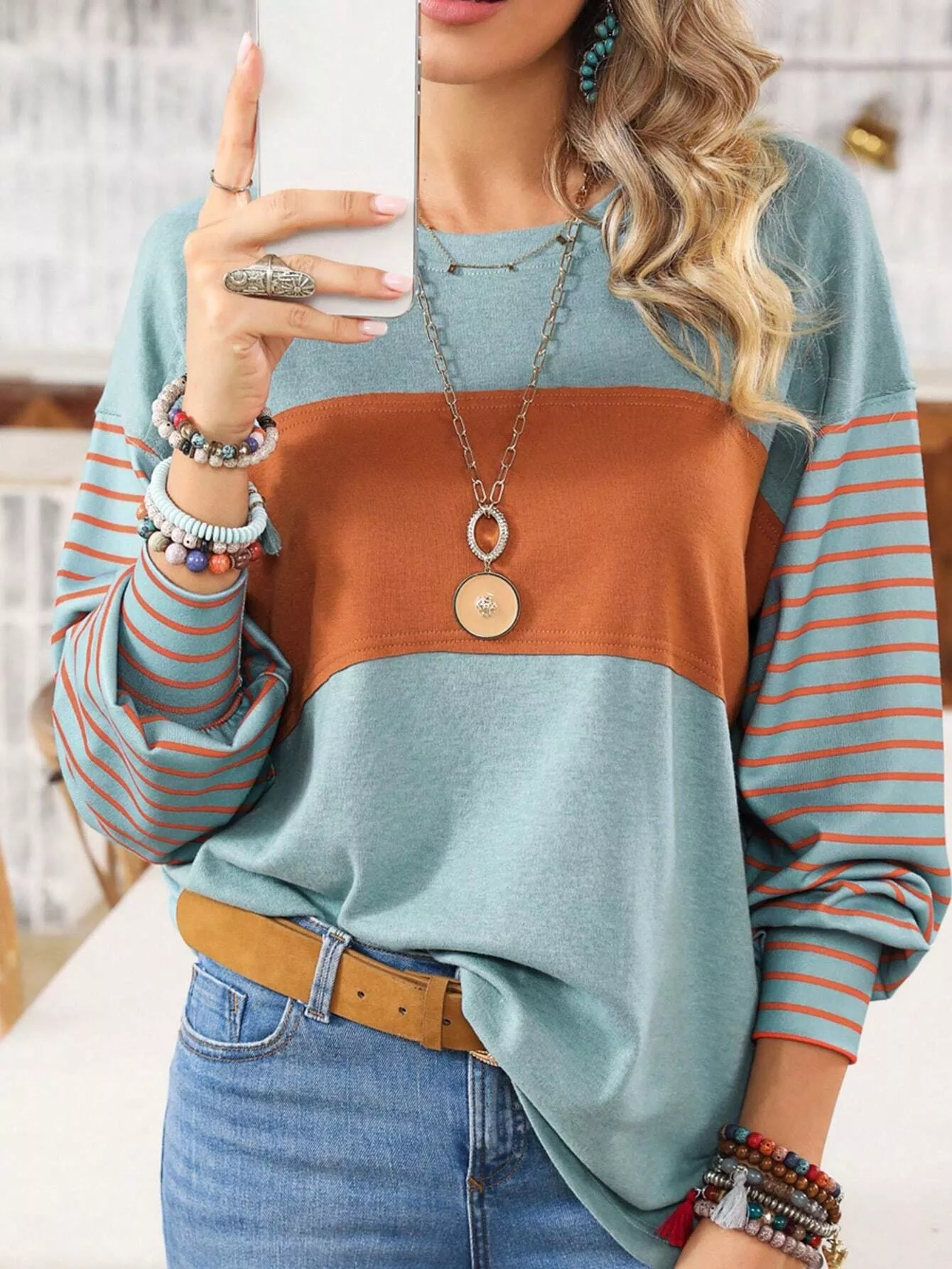 Striped Color Block Long Sleeve T-Shirt - ZKZOOK