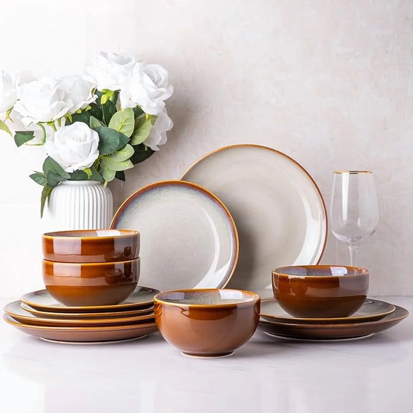 Elegant Reactive Glaze Ceramic Dinnerware Set 12-Piece Shatterproof Scratch Resistant Dishwasher Microwave Oven Safe for 4