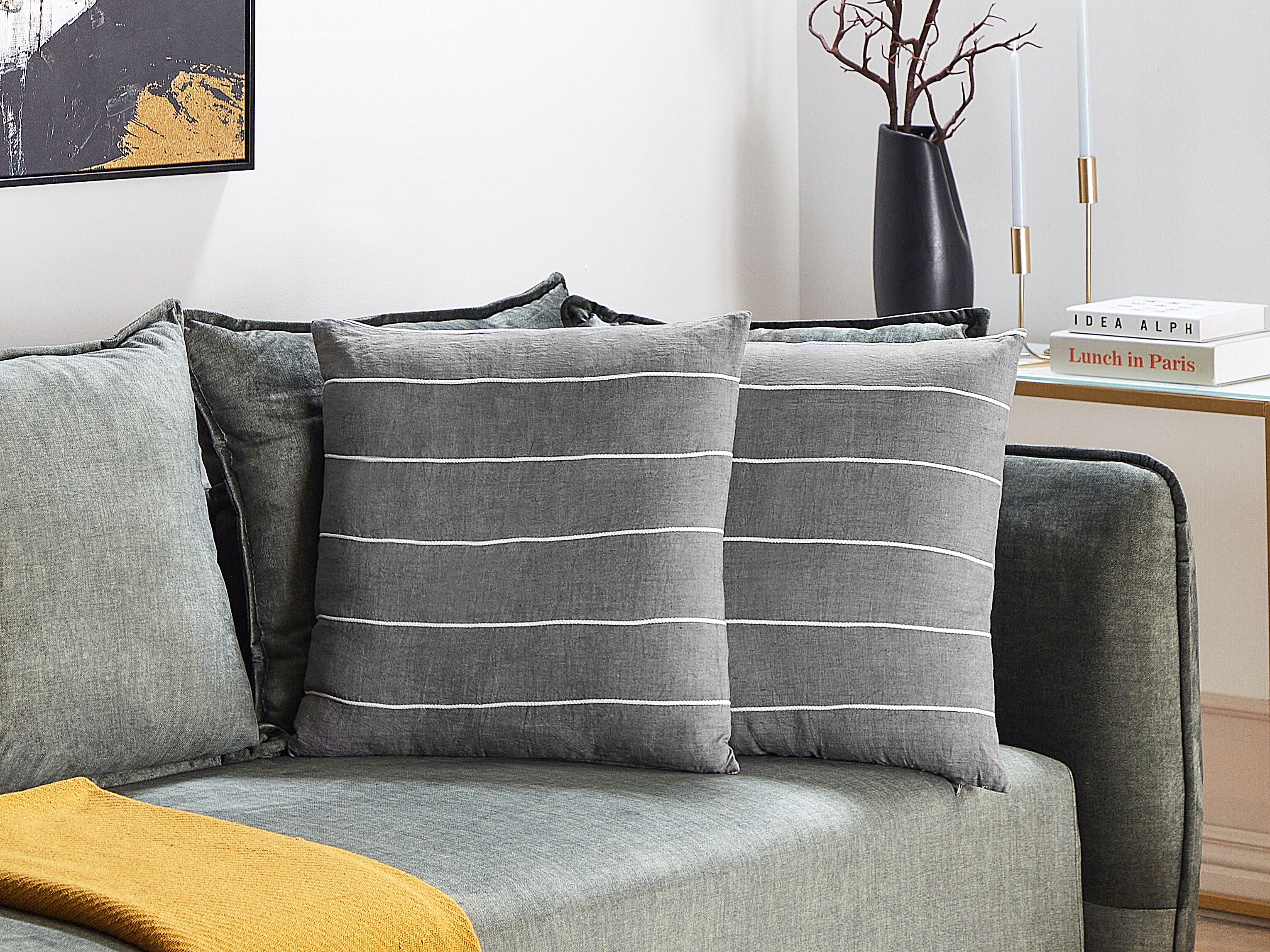 Set of 2 Decorative Cushions MILAS Linen 50 x 50 cm Grey Striped