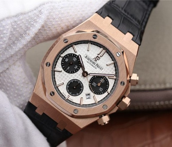 Replica Audemars Piguet Royal Oak Chronograph 26331 RG White Dial Leather Strap A7750 - Elite Watch Atelier