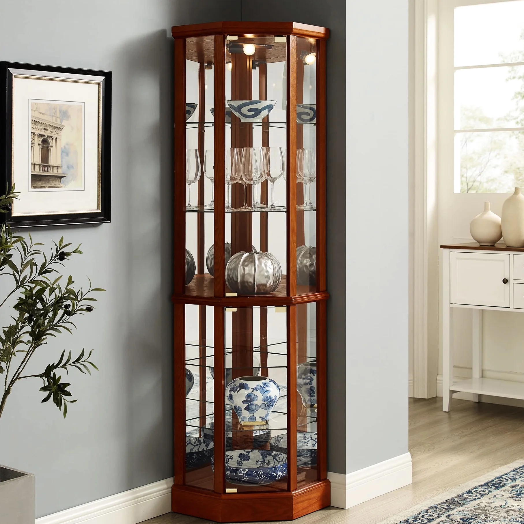 Walnut Cabinet With 6 Shelves, Adjustable Glass & Mirrored Back Design Shelf Lighted Corner Curio Shelves In - Image 15