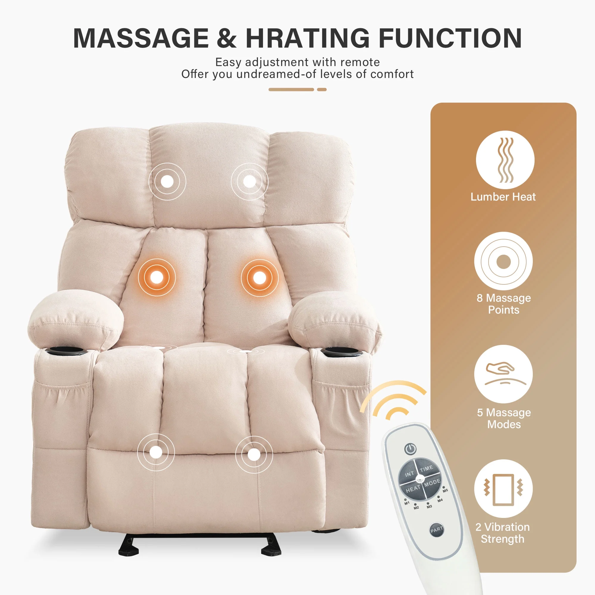 JONPONY Manual Recliner Chair with Heat Therapy and Massage Function, Heavy Duty Reclining Mechanism Massage Chair, Elderly Single Rocker Sofa with Cup Holders for Bedroom Home Theater,Grey - Image 113