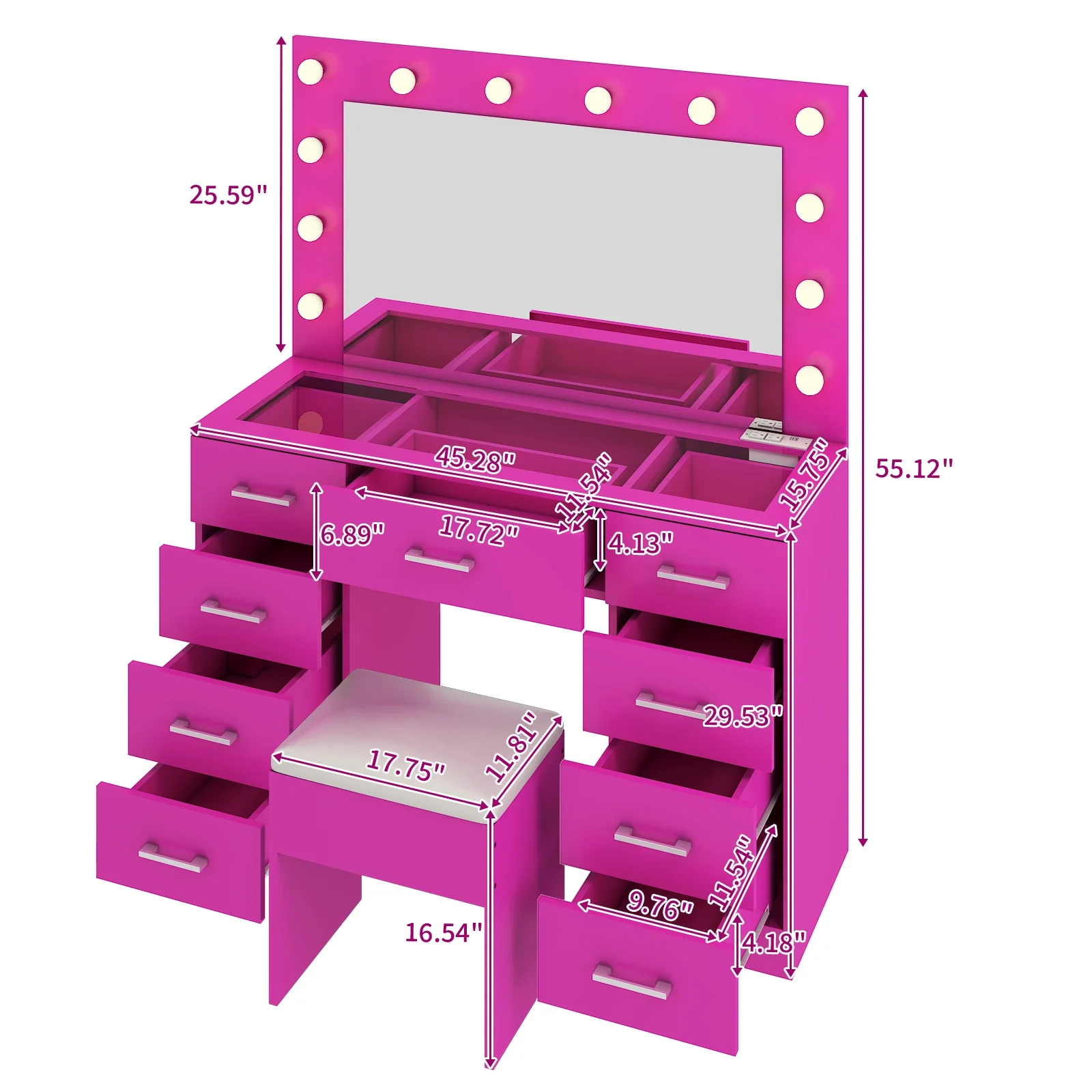 Ktaxon Large Makeup Vanity, Vanity Table Set w/ Visible Glass Top w/ Charging Station, White - Image 30