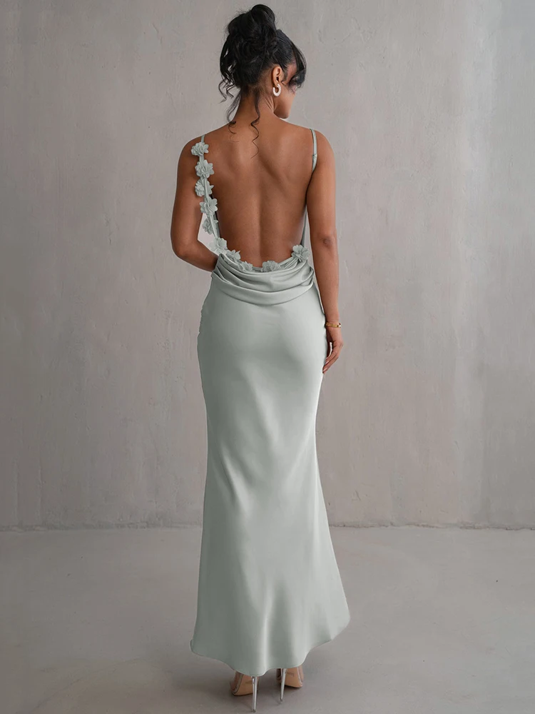 Floral Draped Backless Maxi Long Dress For Women Fashion Spaghetti Strap Sleeveless Bodycon Evening Party Dress Elegant - AZJHJ