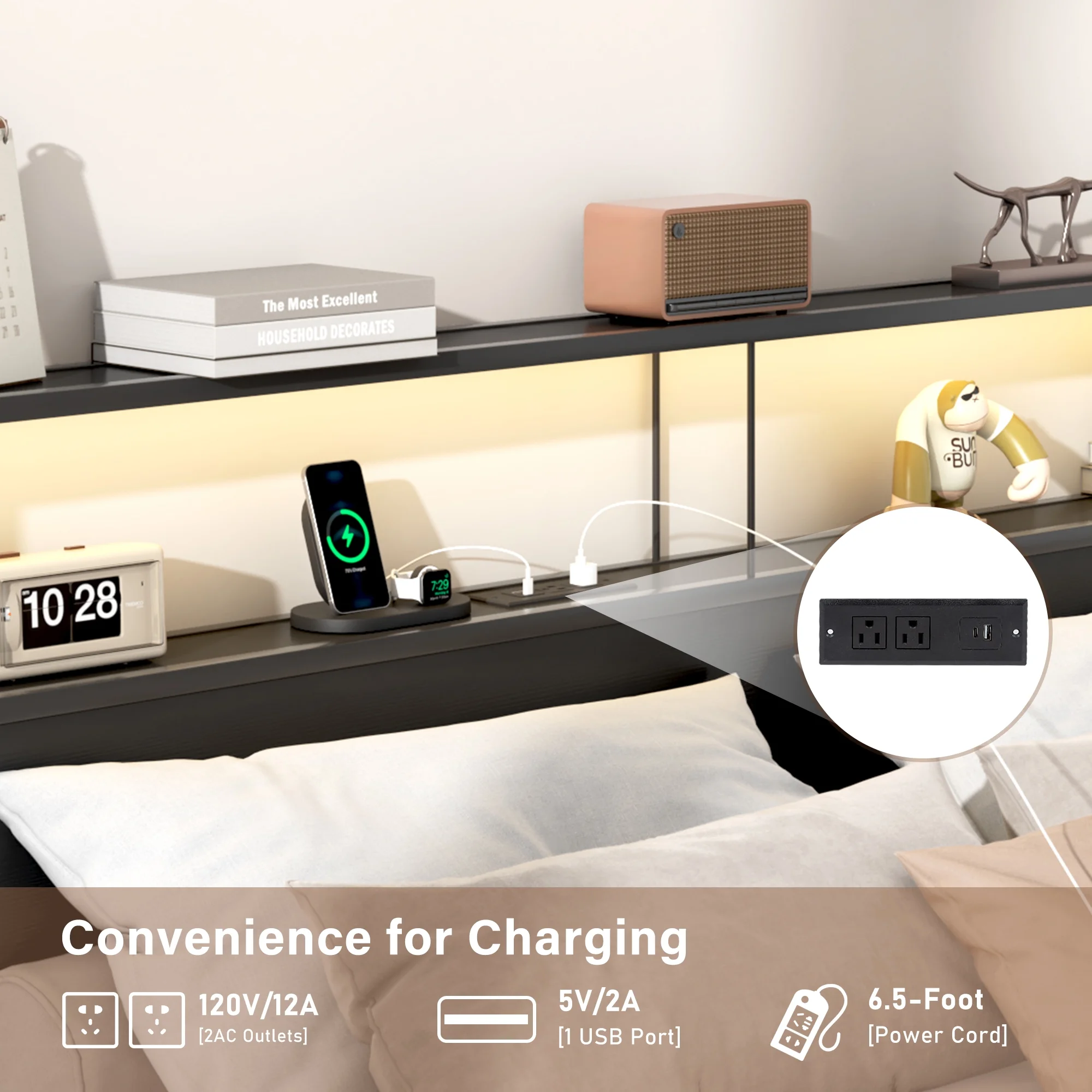 LED Full Bed Frame with Storage Headboard & 4 Drawers, Industrial Metal Platform Bed with Power Charging Station & USB Ports - Image 12