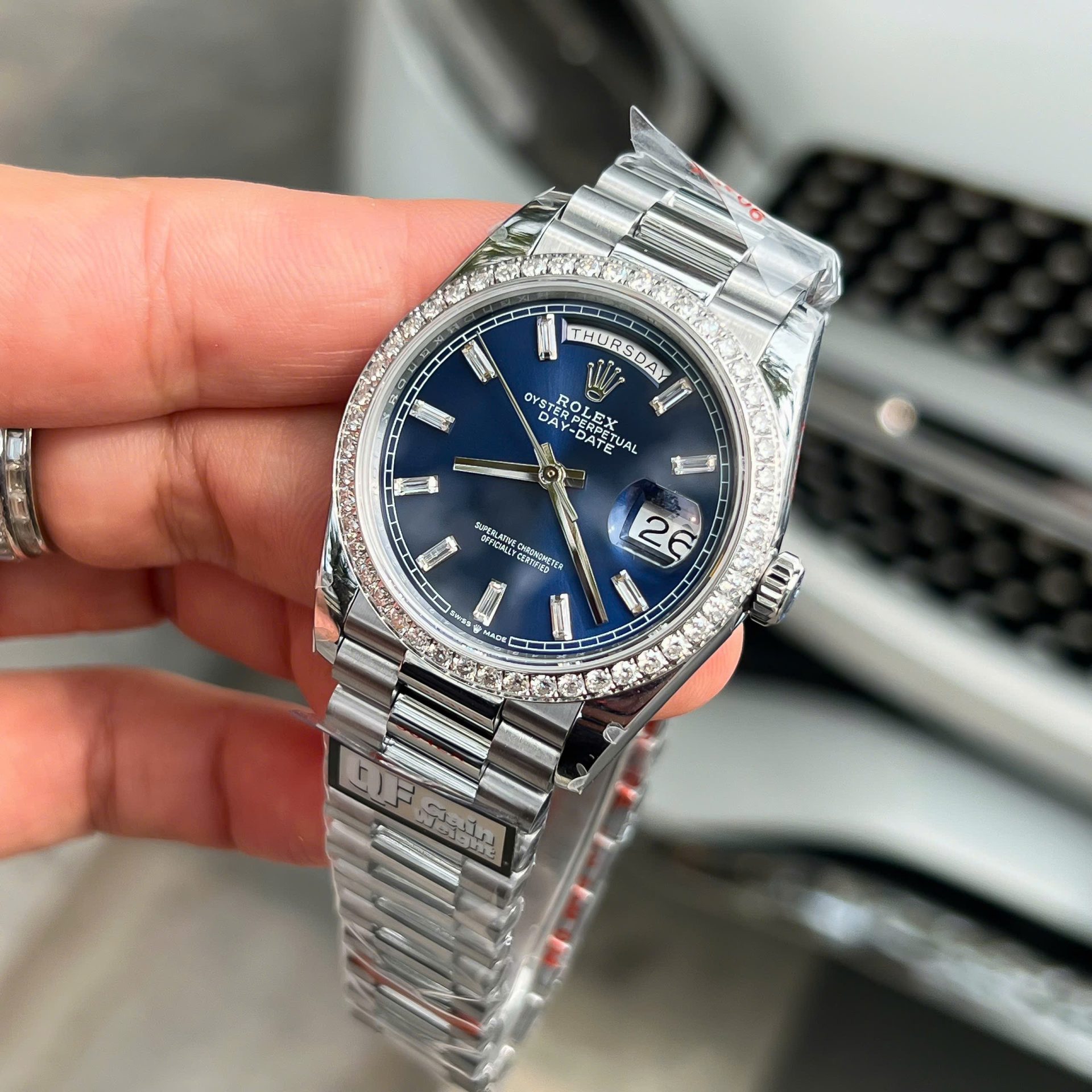Rolex Day-Date Blue Dial Replica 11 Watch Bezel Diamonds Moissanite QF Factory 36mm - Top club