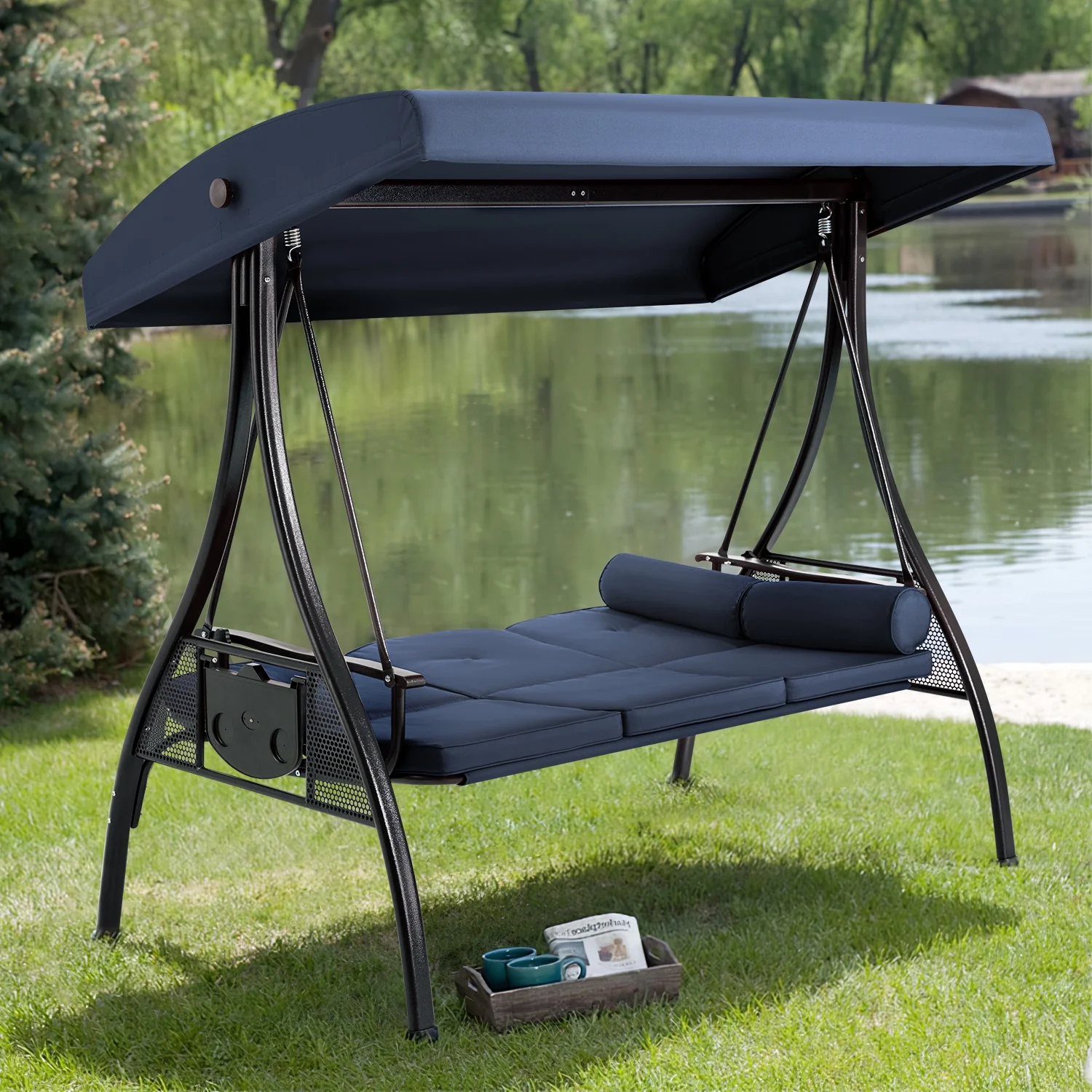 Homrest 3 Person Patio Outdoor Porch Swing with Adjustable Canopy, Backrest, Swing Bed with Stand for Garden,Deck - Image 35