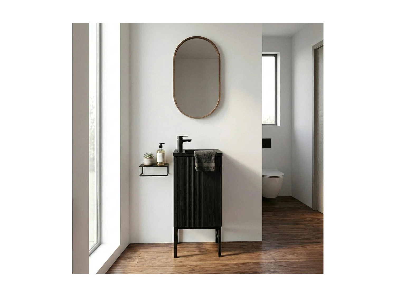 Lave-mains sur pieds chêne carbone + robinet + miroir STUDIO