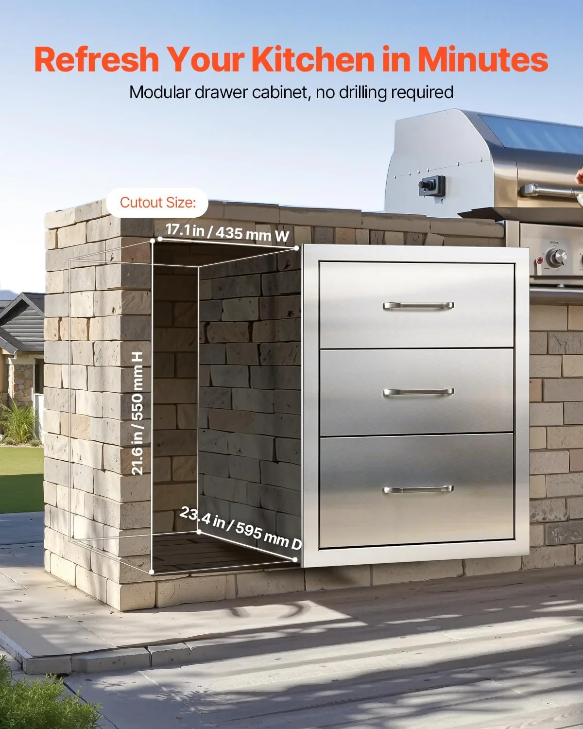 VEVOR Outdoor Kitchen Drawer Cabinet, Stainless Steel, 18.11 inch W x 23.23 inch D x 23.23 inch H, 3 Drawers - Image 7 VEVOR Outdoor Kitchen Drawer Cabinet, Stainless Steel, 18.11 inch W x 23.23 inch D x 23.23 inch H, 3 Drawers - Image 7