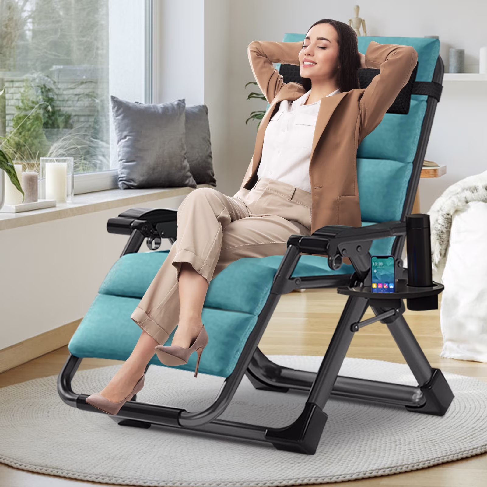 NAIZEA Zero Gravity Chair with Removable Cushion and Cup Holder Black - Image 7
