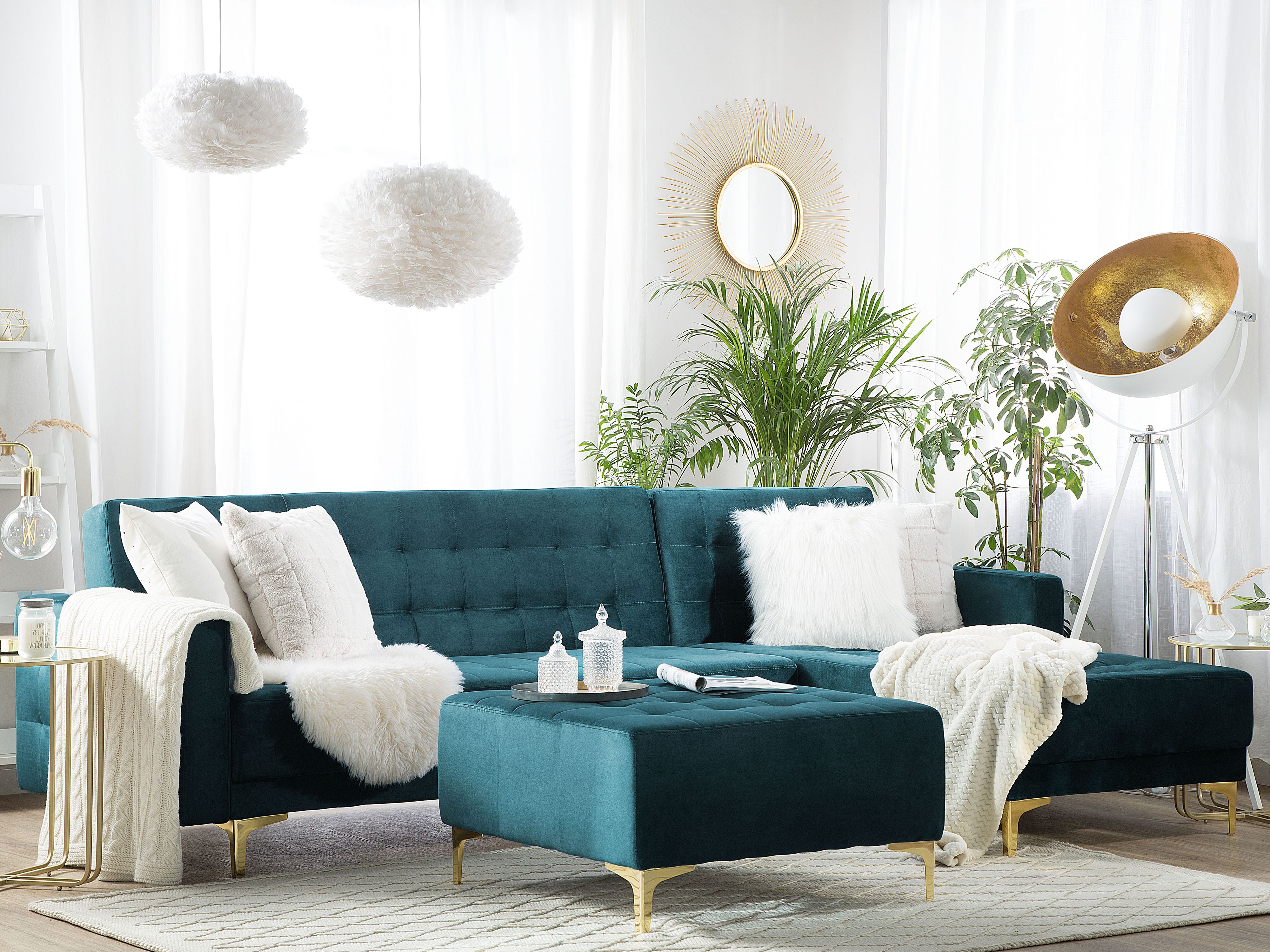 Modular Corner Sofa Bed 4 Seater ABERDEEN Velvet Teal with Ottoman Left Hand