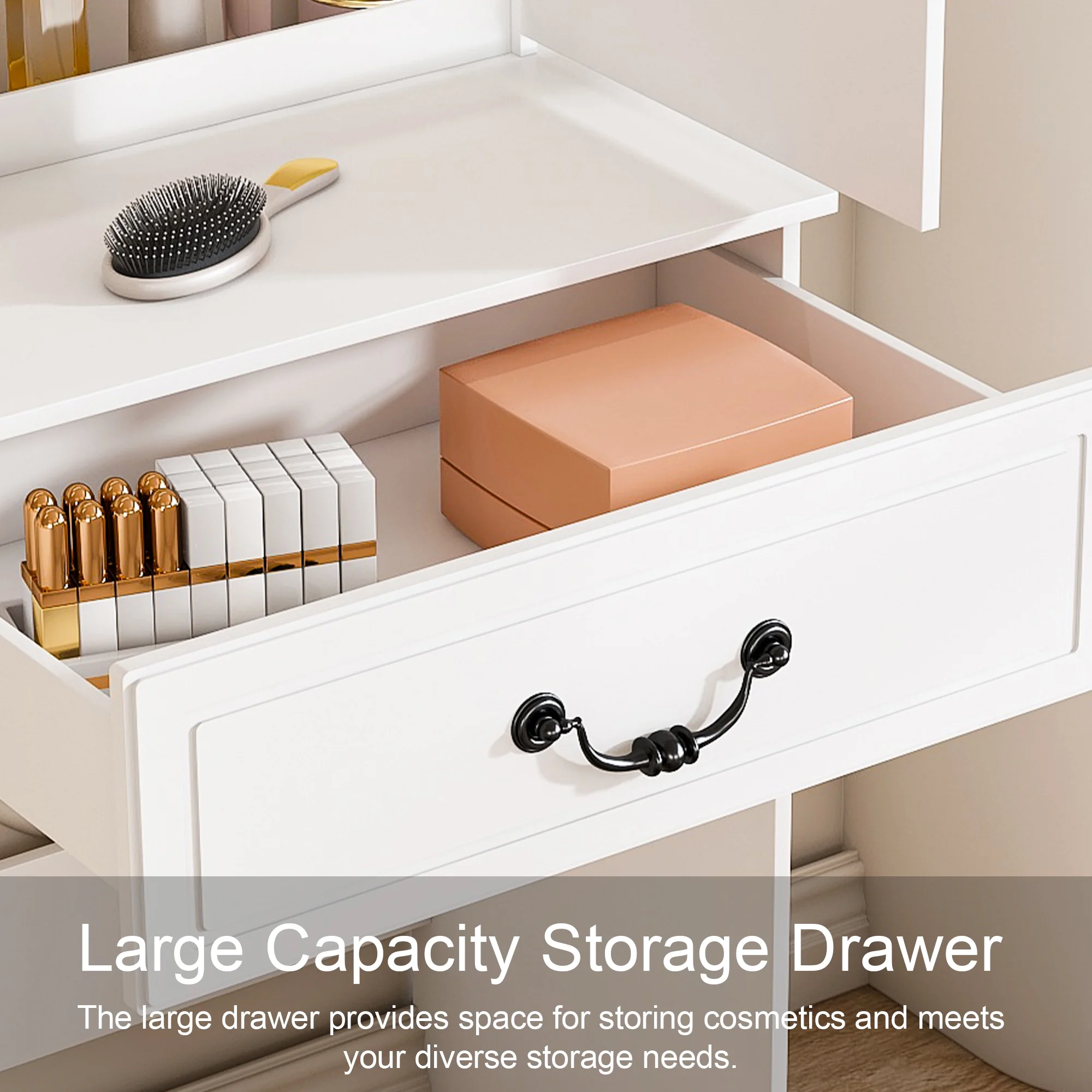 Montary Modern Mini Vanity w/Adjustable LED Mirror + Hidden Storage, Padded Stool & Dustproof Shelves (White) - Image 10