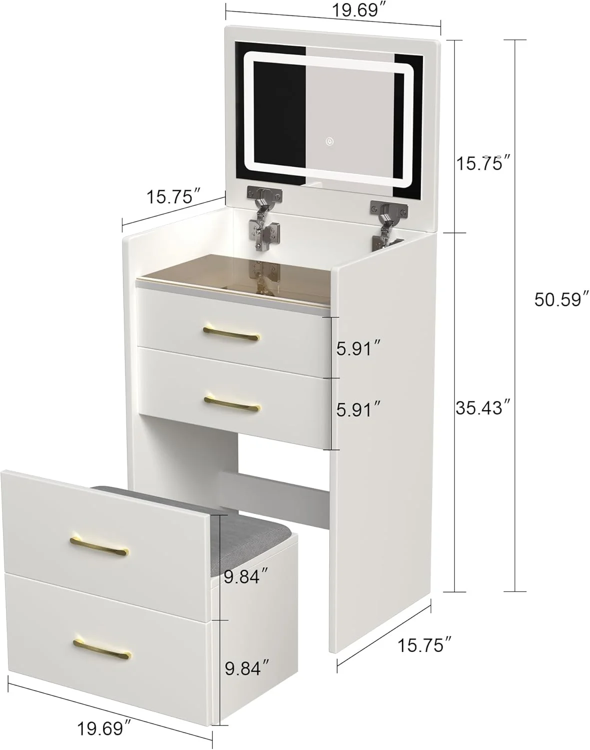 Montary Modern Mini Vanity w/Adjustable LED Mirror + Hidden Storage, Padded Stool & Dustproof Shelves (White) - Image 116